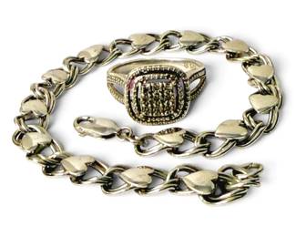 Sterling Silver Cluster Ring Heart Chain Bracelet 12.38g Total