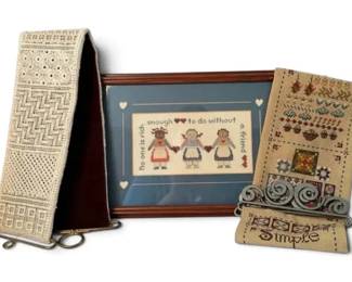 Framed Primitive Needlepoint Accent Wall Hangings