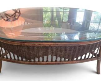 Ficks Brown Rattan Wicker GlassTop Coffee Table