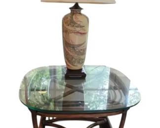 Rattan Wicker Square GlassTop End Table Asian Lamp