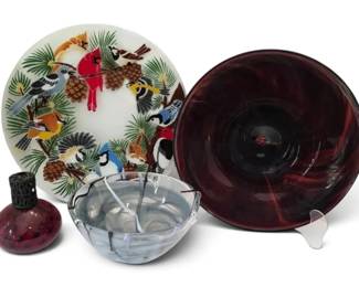 Kosta Boda Art Glass Bowl w Sticker, Peggy Karr Festive Bird Platter w Box, More