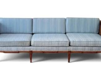 Vintage Wooden Framed Couch W Blue Cushions