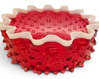 Antique Hobbs Brockunier Cranberry Hobnail White Ribbon Crest Bowl