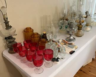 70’s goblets glassware &  old-fashioned oil/kerosene lamps 