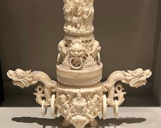 Vintage Faux Ivory Chinese Carved Resin Incense Burner