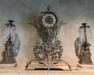 Antique French Brass Mantle Clock and Pair of Victorian Girandole Candlesticks