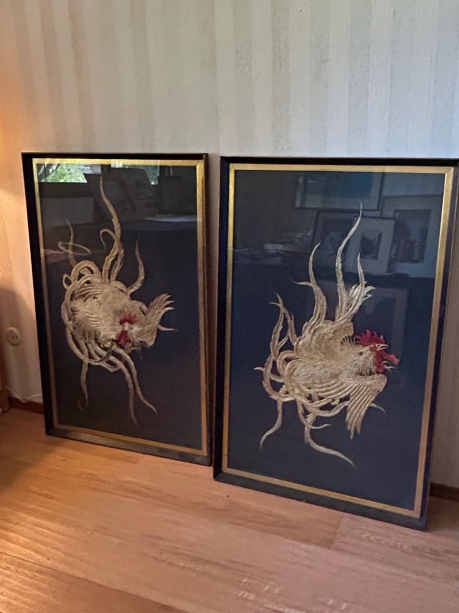 Pair of Vintage Chinese Silk Embroidered Rooster Panels fourth image