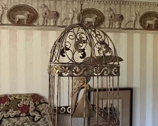 Vintage Ornate Metal Birdcage with Bird Figure fourth image