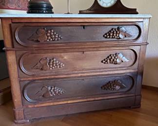 Victorian Walnut MarbleTop Chest of Drawers with Grape Carvings