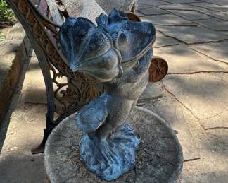 Anthropomorphic Frog Garden Statue with Leaf Umbrella  Cast Stone third image
