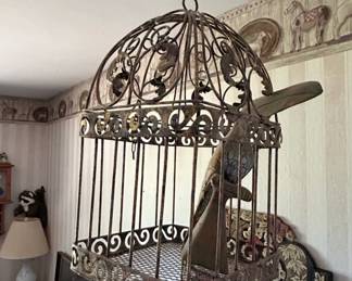 Vintage Ornate Metal Birdcage with Bird Figure third image