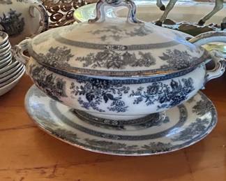 Doulton Burslem Madras Flow Blue Sauce Tureen with Underplate