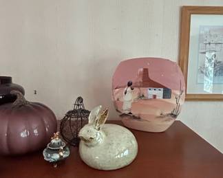 Assorted Vintage Decorative Ceramic Collection with Southwestern Vase and Rabbit Figurine