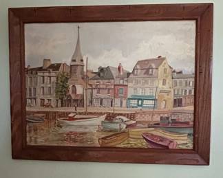 Vintage Honfleur Harbor Oil Painting