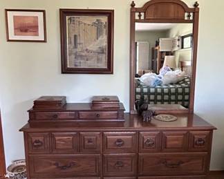 Vintage Oak Bedroom Dresser with Mirror and Hutch Top by Thomasville