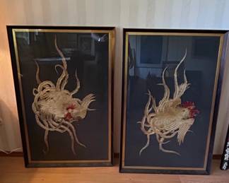 Pair of Vintage Chinese Silk Embroidered Rooster Panels