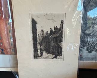 Vintage European Street Scene Etching