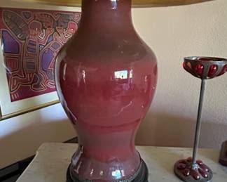 Vintage Chinese Oxblood Glazed Porcelain Vase Lamp on Carved Wooden Base second image