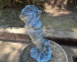 Anthropomorphic Frog Garden Statue with Leaf Umbrella  Cast Stone second image