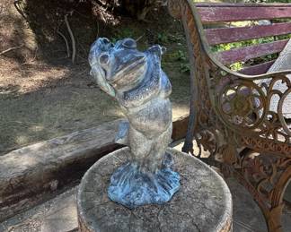 Anthropomorphic Frog Garden Statue with Leaf Umbrella  Cast Stone