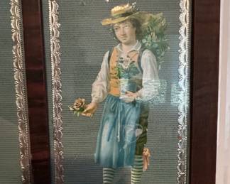 Victorian Chromolithograph DieCut Pair of Children in Folk Attire, Framed third image