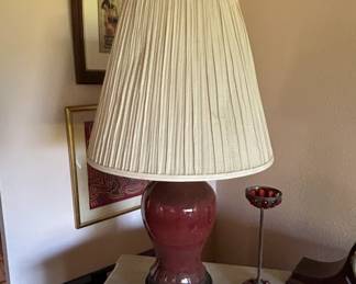 Vintage Chinese Oxblood Glazed Porcelain Vase Lamp on Carved Wooden Base