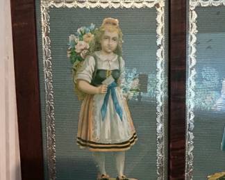 Victorian Chromolithograph DieCut Pair of Children in Folk Attire, Framed second image