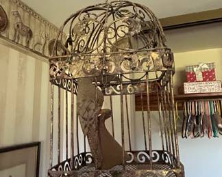 Vintage Ornate Metal Birdcage with Bird Figure