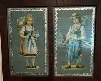 Victorian Chromolithograph DieCut Pair of Children in Folk Attire, Framed