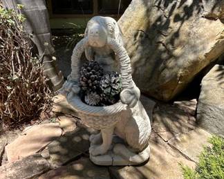 Vintage Concrete Dog with Basket Statue