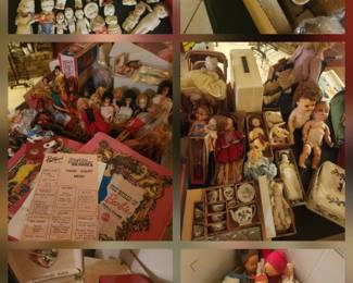 Frozen Charlotte, Vintage Barbie, Midge, Ken, Skipper, and others. Double and Single Barbie Cases lots of Vintage Clothes and accessories
