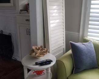 Plantation shutter screen; accent table