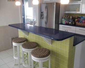 Kitchen island; bar stools - 3 available. Pendant lights