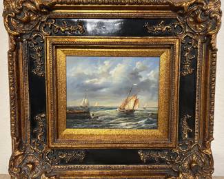 Vintage seascape w/ boats by V.D. Burg