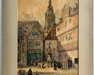 Signed watercolor townscape of Coburg, Germany