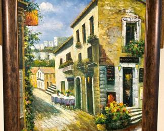 Large signed decorative oil painting of an Italian country scene.