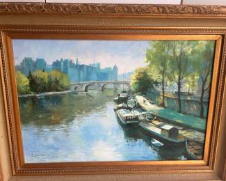Signed oil painting of a river scene in Paris