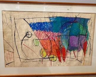 Large original geometric abstract crayon or gouache on architectural paper.