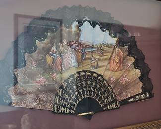 Vintage Framed Decorative Hand Fan with Rococo Scene and Black Lace