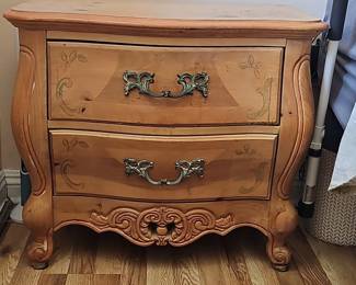 French Provincial Style Bombe Two-Drawer Pine Nightstand