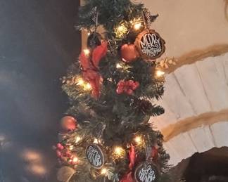 Pre-Lit Potted Artificial Christmas Tree with Poinsettias, Berries, and Rustic Ornaments