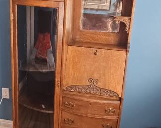 Antique Victorian Tiger Oak Side-by-Side Secretary Desk and Curio Cabinet