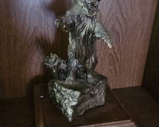 Bronze Bear and Cub Sculpture on Wooden Plinth