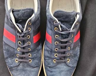 Gucci Navy Blue Suede Ace Sneakers with Red and Blue Web Stripe