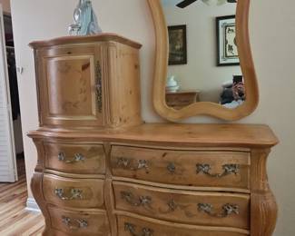 Vintage French Provincial Style Pine Buffet with Hutch and Mirror