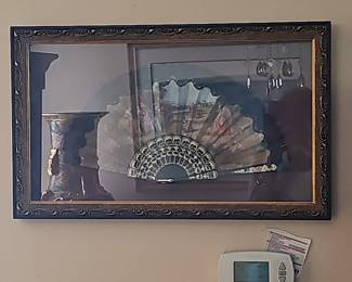 Vintage Framed Decorative Hand Fan with Rococo Scene and Black Lace