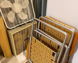 Box fan and Webbed folding chairs
