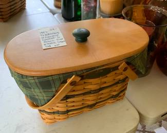 #101	Longaberger basket 1997 traditions fellowship basket w fabric liner plastic insert lid	 $24.00 			