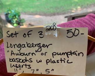 #208	Longaberger Basket Set of 3 Auburn or Pumpkin Baskets w/ Protectors 11", 7" and 5"	 $50.00 			