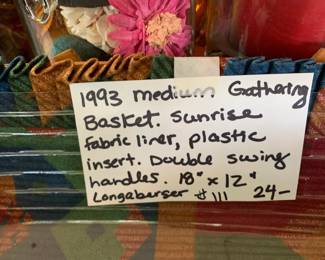 #111	Longaberger basket 1993 medium gathering basket sunrise fabric liner plastic insert double swing handles 18x12 	 $24.00 			